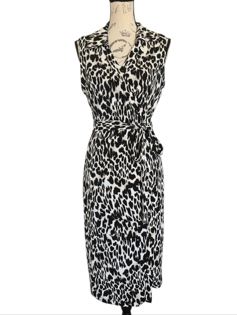 Calvin Klein Leopard animal print Wrap Midi Dress 12 Mob Wife Business casual